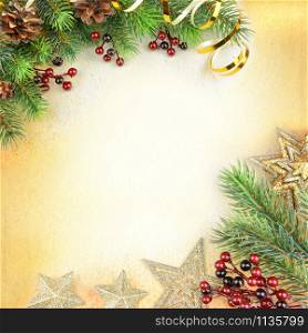 Christmas compositionon with green spruce branches, cones, red holly berries, sparkling stars and golden serpentine on a background of old paper