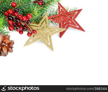 Christmas compositionon with stars and fir branches isolated on a white background