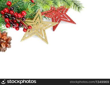 Christmas compositionon with stars? red holly berries and green fir branches isolated on a white background