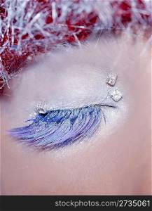 christmas concept eye feather makeup winter red silver macro closeup