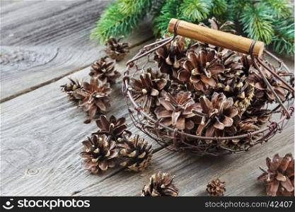 Christmas concept: full basket of pine cones and spruce branches on the background of old unpainted wooden boards