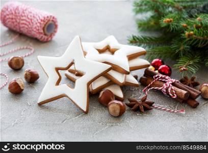 Christmas cookies and Christmas tree on a old wooden table