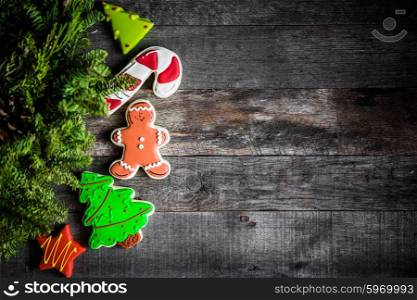 Christmas cookies on rustic wooden background