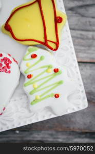 Christmas cookies on rustic wooden background