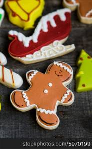 Christmas cookies on rustic wooden background