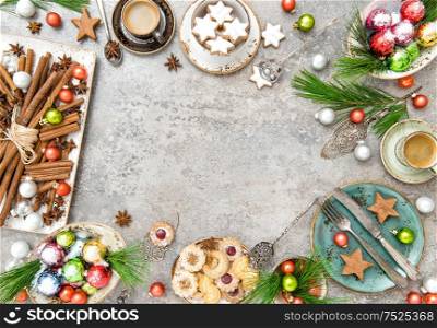 Christmas cookies with coffee. Festive table decoration. Flat lay. Still life
