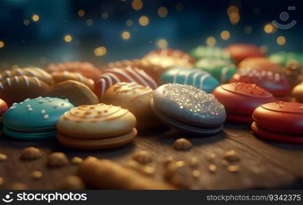 Christmas cookies with festive decoration with bokeh background.