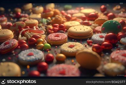Christmas cookies with festive decoration with bokeh background.