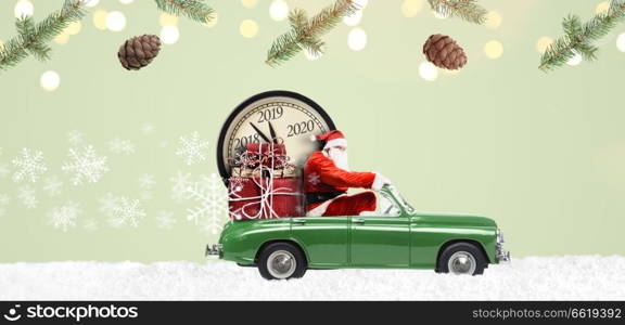 Christmas countdown arriving. Santa Claus on car delivering New Year gifts and clock at green background. Santa Claus countdown on car