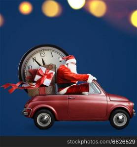 Christmas countdown arriving. Santa Claus on car delivering New Year gifts and clock at blue background. Santa Claus countdown on car