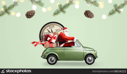 Christmas countdown arriving. Santa Claus on car delivering New Year gifts and clock at green background. Santa Claus countdown on car