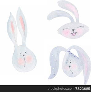 Christmas cute rabbits, New Year s balls. Watercolor illustration. Different emotions. Objects isolated on a white background. Watercolor collection for Christmas, New Year design
