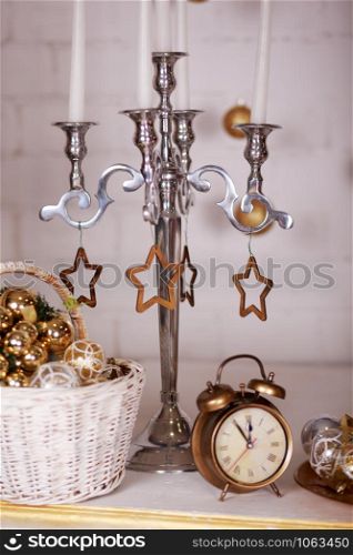 Christmas decor. Studio. New Year. Christmas studio interior in golden and silver colors. Christmas decor. Studio. New Year. Christmas studio interior in golden and silver colors.