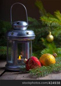 Christmas Decor with bokeh at the wooden table
