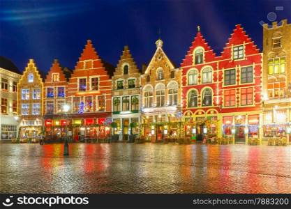 Christmas Decorated and illuminated Old Markt square in the center of Bruges, Belgium
