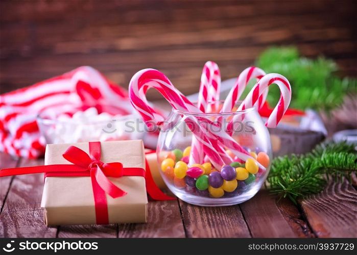 christmas decoration and christmas candy on a table