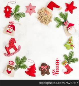 Christmas decoration and gift bags. Holidays background. Flat lay frame