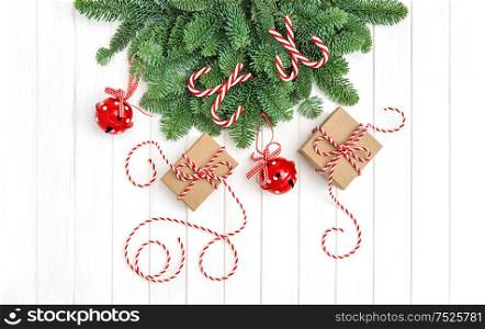 Christmas decoration and gift boxes. Christmas tree branches