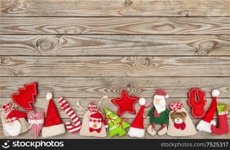 Christmas decoration and ornaments on rustic wooden background. Winter holidays banner