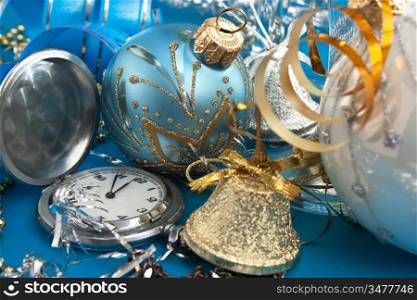 Christmas decoration and Pocket Watches on Christmas background