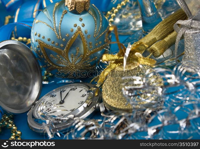 Christmas decoration and Pocket Watches on Christmas background