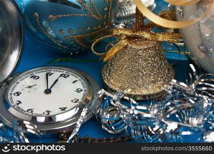 Christmas decoration and Pocket Watches on Christmas background