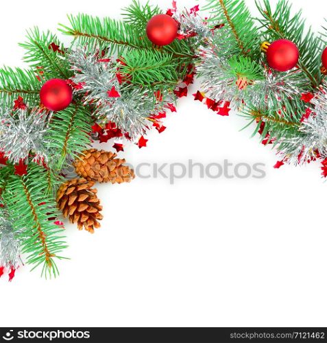 Christmas decoration baubles with branches of fir tree isolated on white background. Free space for text.