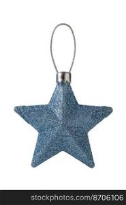 Christmas decoration blue star for Christmas tree isolated on white background. Close up view.