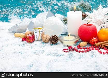 Christmas decoration. Composition on wood background