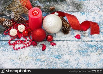 Christmas decoration. Composition on wood background.