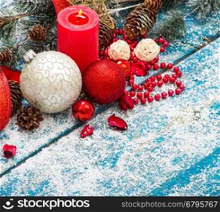 Christmas decoration. Composition on wood background.