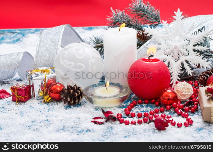 Christmas decoration. Composition on wood background