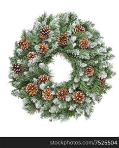 Christmas decoration evergreen pine wreath with cones isolated on white background