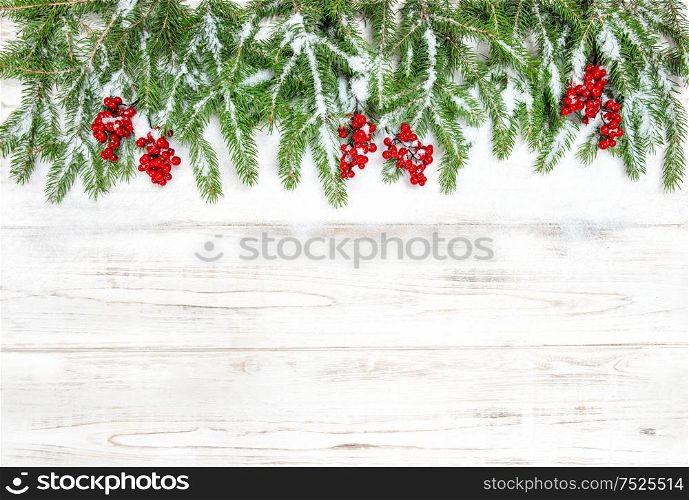Christmas decoration. Evergreen tree branches with red berries and snow on wooden background