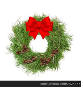 Christmas decoration evergreen wreath wit red ribbon bow isolated on white background