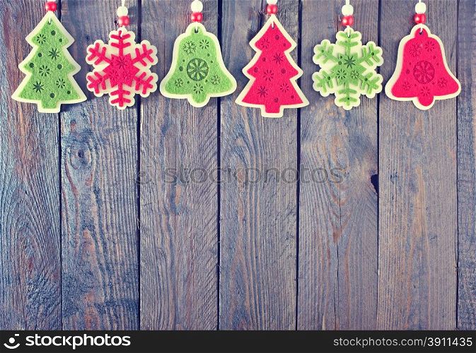 christmas decoration for tree on wooden table