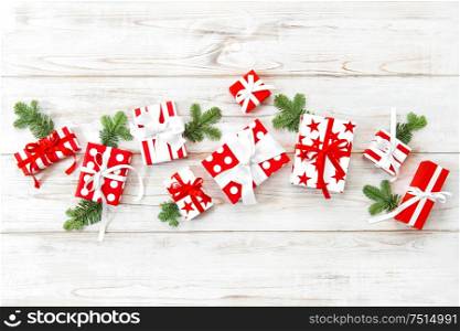 Christmas decoration gift boxes on wooden background. Holidays banner