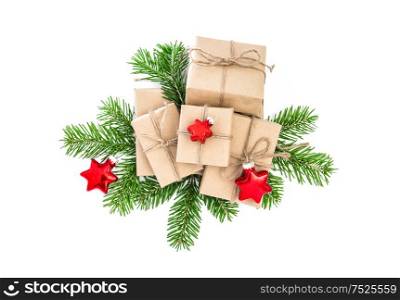 Christmas decoration gift boxes. Presents and pine tree branches on white background