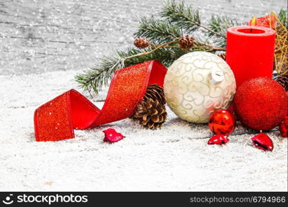 Christmas decoration hanging over wooden background