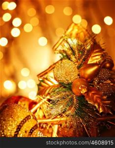 Christmas decoration, holiday background with golden lights