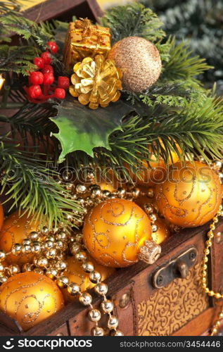 Christmas decoration in chest on Christmas background