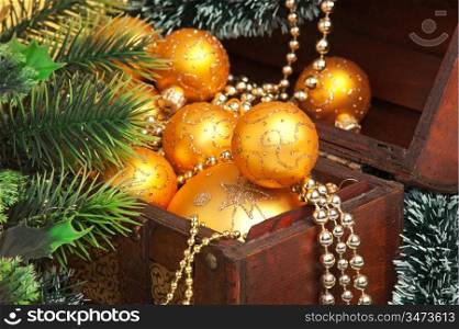 Christmas decoration in chest on Christmas background