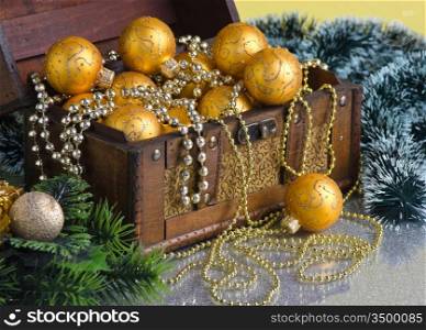 Christmas decoration in chest on Christmas background