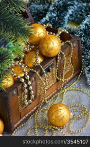 Christmas decoration in chest on Christmas background