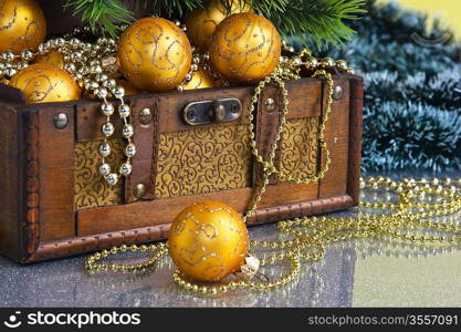 Christmas decoration in chest on Christmas background