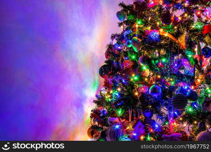 Christmas decoration in Christmas tree with Christmas lights