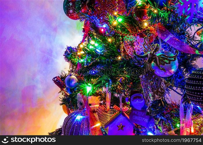 Christmas decoration in Christmas tree with Christmas lights