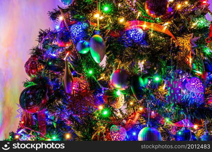 Christmas decoration in Christmas tree with Christmas lights