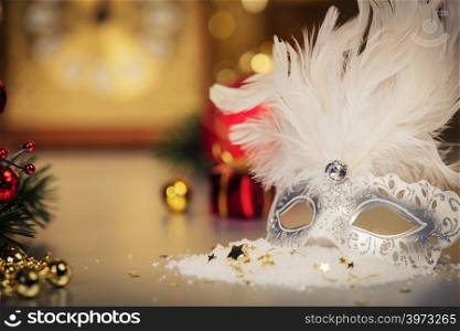 Christmas decoration on abstract gold background. Christmas decorations background - top view, flat lay
