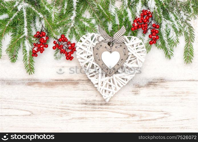 Christmas decoration on bright wooden background. Winter holidays